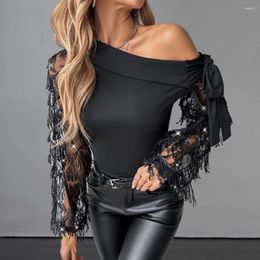 Women's Blouses Spring Blouse Elegant Flower Embroidery Mesh One Shoulder With Lace Up Detail Hollow Out Design For Fashion