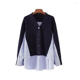 Women's Hoodies Shirt Pullovers Sweatshirt Casual Korean Fashion Long Sleeve Stitched Striped Women Loose V-neck Tee Y2k Tops Coat