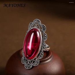 Cluster Rings S925 Silver Set Pomegranate Red Egg Face Lace Ring Fashion Retro Women's Open Year Gift Jewelry