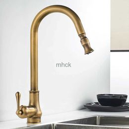 Kitchen Faucets Hotaan Antique Brass Kitchen Faucet Single Hole Pull Out Spout Copper Kitchen Sink Mixer Tap with Stream Sprayer Head 240130