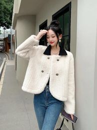 Women's Jackets Short Lamb Fleece Coat Autumn/Winter Contrast Turn Collar Double Breasted Sweet Warm Thick Long Sleeves