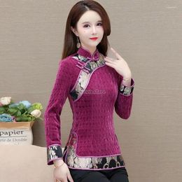 Ethnic Clothing 2024 Autumn Winter Thickened Chinese Tang Suit Retro Style Top Standing Collar Disc Buckle Long-sleeve Cheongsam Blouse W81