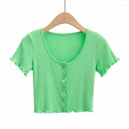 Women's T Shirts 2024 Sexy V-Neck Button Short Y2k Indie All-Match Ribbed Short-Sleeve Streetwear Tee Tops T-Shirts Summer Solid For Women