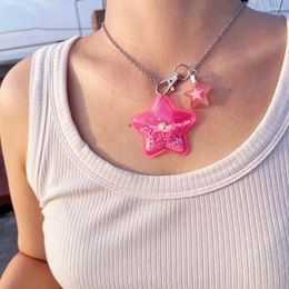 Pendant Necklaces 2024 Pink Star Girl Heart Sweet Cute Y2k Handmade Diy Five Point Starry Sky Necklace Jewelry Gift