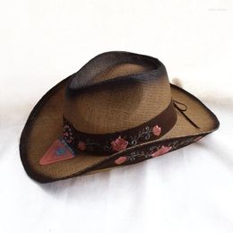 Berets 202408-2F040A Summer Western Cowboy Beaded Flower Grass Stetson Lady Fedoras Hat Outdoor Women Leisure Panama Jazz Cap