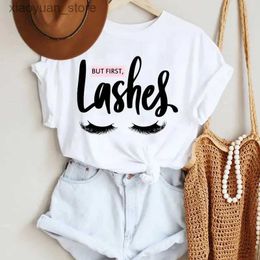 Women's T-Shirt Women Make Up Letter Funny New Eye Eyelash Fashion Cartoon Summer Lady Print Tee Stylish T Top Tshirts Clothes T-Shirt 240130