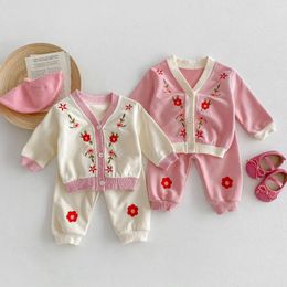 Clothing Sets 2024 Spring Kids Embroidery Flower Tracksuit Boy Girl Children Fashion Loose Cotton Tops Pants 2pcs Kid Casual Sweatshirt Suit