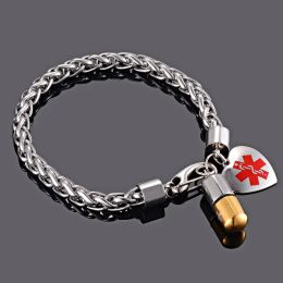 Bracelets Waterproof Personalised Medical ID Alert Men Stainless Steel ID Tags Bracelet Pill Cylinder Holder TYPE 1 Diabetes Disease