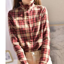 Women's Blouses Vintage Plaid Women Long Sleeve Shirt Luxury High Neck Ruffle Spring Autumn Coat Tops Clothing Korean Chic