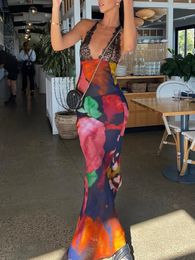 JULISSA MO Elegant Tie Dye Floral Chiffon Dress Summer Sexy Women Backless Lace Bodycon See Through 2023 Beach Party Vestidos 240124