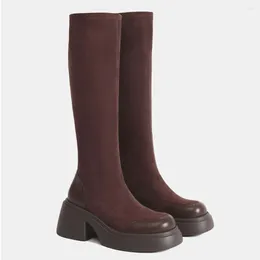 Boots 2024 Brand Good Quality Black Brown Sock Comfy Walk Platform Women Shoes Fashion Block High Heels Knee Boot