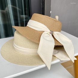 Wide Brim Hats Straw Hat Women Spring/summer Fashion Ribbon Diamond Bowl Japanese Sun Protection And Sunshade