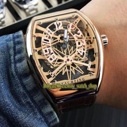 High Quality VANGUARD YACHTING GRAVITY V45 T GR YACHT SQT Gold Skeleton Dial Automatic Mens Watch Rose Gold Case Leather Strap Spo2295