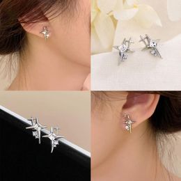 Stud Earrings Silver Color Cross Star Zircon For Women Girl Korean Four-Pointed Personality Fashion Jewellery