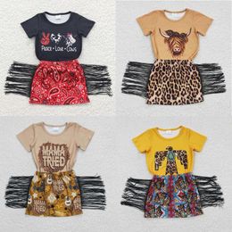 Clothing Sets Wholesale Toddler Infant Western Summer Set Children Baby Girl Shirt Short Sleeves Top Clothes Kid Cow Print Tassel Skirt