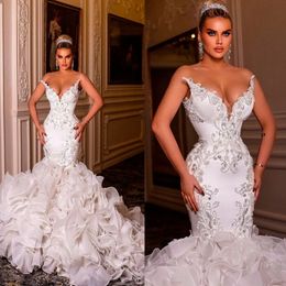 Stunningbride 2024 Luxury Ruffles Train Wedding Gowns Custom Made Lace Beaded Bridal Dress Chapel Train Gorgeous Nigerian Arabic Bride Dress