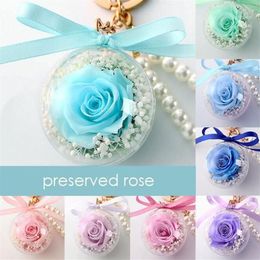 Preserved Rose Flower In Acrylic Ball Key Chain Immortal Flower Tassel Romantic Gift Valentine's Day Birthday1286G