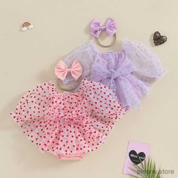 Girl's Dresses Newborn Infant Baby Girls Valentines Day Romper Dress Heart Print Long Puff Sleeve Mesh Tulle Jumpsuit + Bow Headband