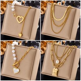 14k Yellow Gold Heart Pearl Pendant Necklace For Women Punk Street Neck Jewellery Party Gift