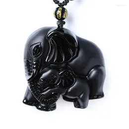 Pendant Necklaces Chinese Handwork Natural Black Obsidian Carved Mother Baby Cute Elephant Amulet Lucky Necklace Fashion Jewellery Healing