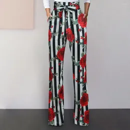 Women's Pants Women Flower Print High Waist Wide Leg Straight Lace Up Bow-knot Pockets Full Length Loose Colorful Lady Commute Long Trou