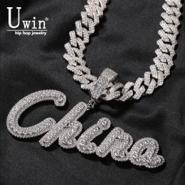 Necklaces Uwin Custom Brush Cursive Letter Pendant With 13mm Cuban Necklace For Women Iced Out Micro Pave CZ Fashion Hip Hop Jewelry