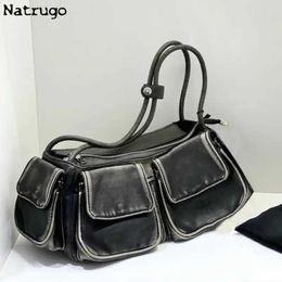 Evening Bags Multiple Pockets Moto Biker Bags For Women Luxury Designer Armpit Handbags And Purses 2024 New Pu Vintage Copper Shoulder Bag