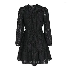 Casual Dresses Long-sleeve Dress Elegant Lace A-line Midi With Long Sleeve Tight Waist For Women Soft Feminine Single-breasted