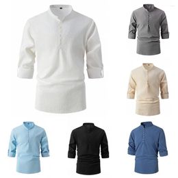 Men's Casual Shirts Men V Neck T-shirt Vintage Long Sleeve Top Solid Colour Button Stand Collar Fashion Tops M-3XL