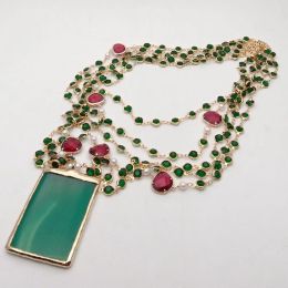 Pendants YYGEM Green Agate Pendant 5 Strands 18'' White Pearl Green red Crystal Chain Necklace handmade vintage party style