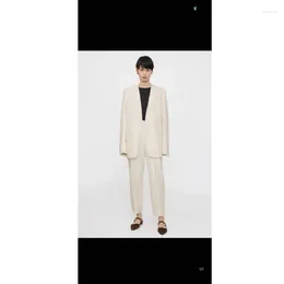 Women's Suits 2024 TOT Early Spring Niche Minimalist Viscose Fibre Blend Straight Tube Collarless Shoulder Pad Suit Jacket