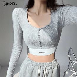 Tshirts Women Skinny American Sexy Crop Top Navel Long Sleeve Tees Square Collar Patchwork Joggers Chic Hip Hop Camisetas Femme 240123