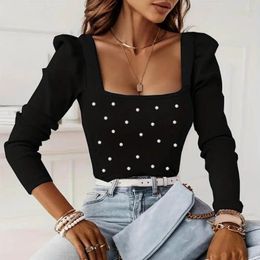 Women's Blouses Women Square Neck T-shirt Puff Sleeve Beaded Shirt Elegant Long Blouse Slim Fit Top Spring