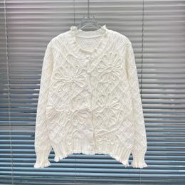 Women's Sweaters Jacquard White Cardigan For Women Floral Texture Unique Loose Knit Jacket Lady Full Sleeves Luxury Casual Sweater Jumper