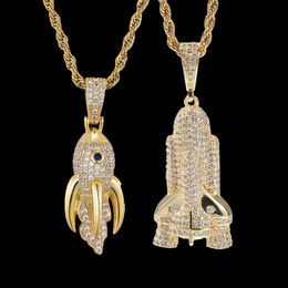 New Fashion personalized guys Gold Plated Mens Bling Rocket Ship Pendant Necklace Chains Hip Hop Iced Out Rock Rapper Jewelry Gift241R
