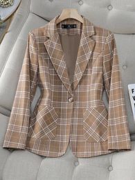 Women's Suits Fashion Blazer Ladies Jacket Khaki Coffee Green Plaid Long Sleeve Female Business Work Wear Formal Coat With Pocket REFF