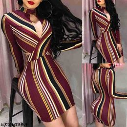 Hot Newest Women Sexy Slim Fit Breast Open Halter Long Sleeve Bodycon Dress Stripe Pencil Cocktail Party Dress Clubwear