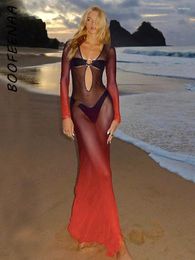 Casual Dresses BOOFEENAA Gradient Red Print Sheer Mesh Dress Beach Cover Up Hollow Deep V Long Sleeve Maxi Sexy Resort Wear C85-CB17