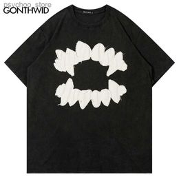 Men's T-Shirts Vintage Men T Shirt Hip Hop Embroidery Teeth Patch Washed Tshirt Punk Gothic Oversized Tee Shirts 2023 Harajuku Cotton Loose Top Q240130