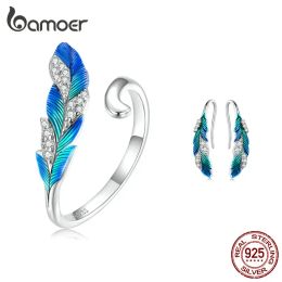 Necklace BAMOER Enamel Blue Feather Open Ring & Drop Earrings 925 Sterling Silver for Women Girl Party Jewelry Gift Bohemian Wedding Gift