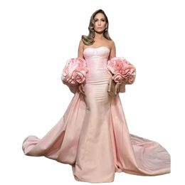 Mermaid Long Pink Evening Dresses Sweetheart Handcrafted Flowers Cape Celebrity Dress 2 Pieces Satin Womens Special Ocn Gown