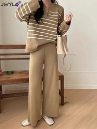 Korean O-neck Striped Lapel Long Sleeve Pullover Women Sweaterhigh Waist Wide Leg Pants Two Piece Set Autumn Winter Streetwear 240122