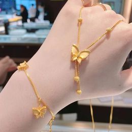 Fashion Real 24k Pure Gold Colour Butterfly Pendant Necklace Bracelet for Women Bride 45CM Chains Bracelets Fine Jewellery Set Gift 240125