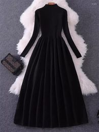 Casual Dresses Half High Neck Black Short/Long Knitted Dress For Spring And Autumn French Hepburn Style Elegant Slim Sweater Z4809