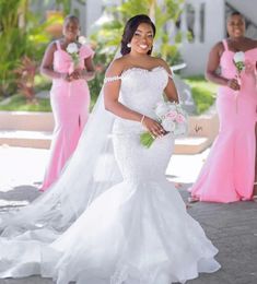 Gorgeous Lace Mermaid Wedding Dresses Crystal Beaded Off The Shoulder Long Plus Size Bridal Gowns Sleeveless Sweetheart White Elegant Bride Dress