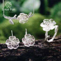 Rings Lotus Fun Real Sterling Sier Handmade Fine Jewelry Flower in the Rain Jewelry Set with Ring Drop Earring Pendant Necklace