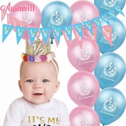 Amawill Half Birthday Party It's My 1 2 Birthday Banner Pink Blue Latex Balloons 6 Months Baby Shower Girl Boy Decorations 7D193H