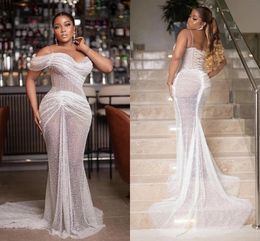 White Sexy See Through Beaded Prom Dresses One Shoulder Plus Size Aso Ebi Evening Party Gowns Sweep Train Trumpet Women Second Reception Engagement Dress CL2364