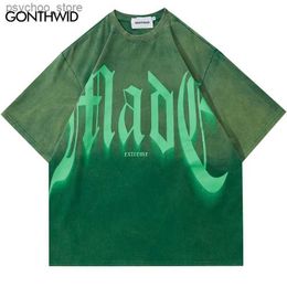 Men's T-Shirts Vintage Men Tshirt Streetwear Hip Hop Letter Print Tie Dye Gradient Washed T Shirt Harajuku Punk Gothic Cotton Oversized Tee Top Q240130