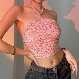 Women's Tanks 2024 Floral Print Pearl Halter Backless Top Summer Lace Up Sleeveless Crop Tops Tees Women Fashion Y2K Camisole Streetwear